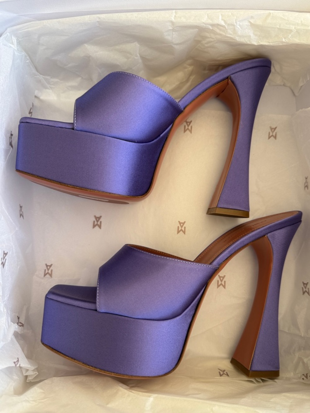 Amina Muaddi DALIDA RARE Violet Satin Platform Mules